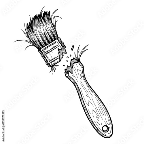 Illustration of a snapped brush with a broken handle isolated on a white background, featuring detailed wood grain texture and scattered bristles