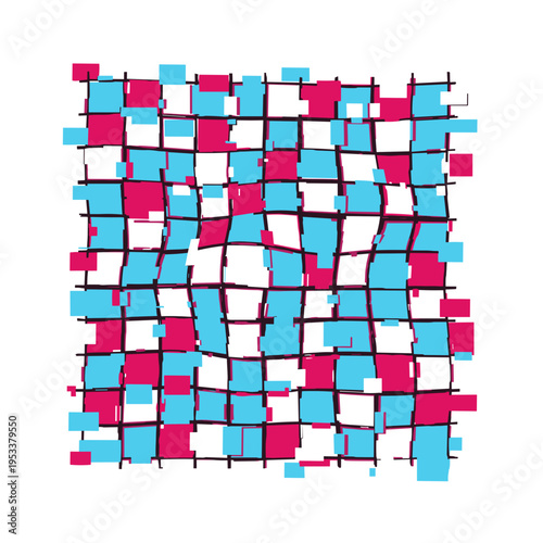 Dented colorful mesh pattern with red and blue squares isolated on white background