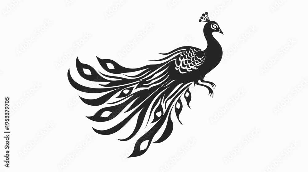 Fototapeta premium Elegant peacock silhouette on white background vector illustration