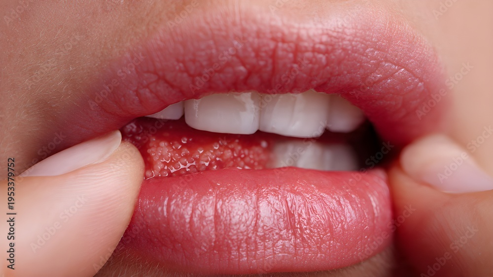Fototapeta premium Close up of human mouth showing inner lower lip with small bumps, oral health detail, lips and teeth macro, medical or hygiene concept