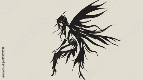 Silhouette of a fairy with large wings on a neutral background