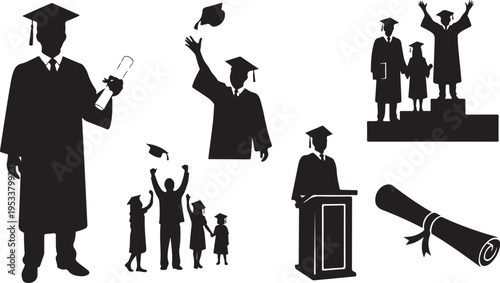 Graduation cap toss celebration with diverse group of people and diverse people silhouette