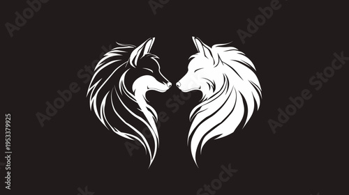 Elegant black and white illustration of two wolves touching noses