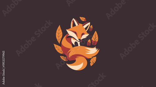 Stylized fox illustration with autumn leaves in warm tones for design