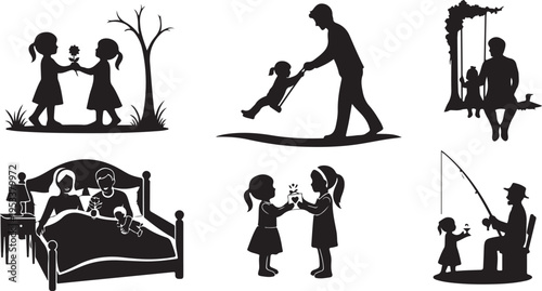 Silhouette of diverse daily life activities and scenes black and white people walking