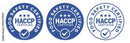 HACCP Hazard Analysis Critical Control Points, Food Safety system, logo, badge, icon, sticker, label, emblem, stamp, symbol, sign, circle, blue, flat vector, isolated illustration. HACCP Certified.