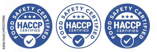 HACCP Hazard Analysis Critical Control Points, Food Safety system, logo, badge, icon, sticker, label, emblem, stamp, symbol, sign, circle, blue, flat vector, isolated illustration. HACCP Certified.