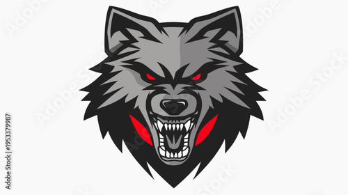 Ferocious wolf head illustration with sharp teeth and red eyes on white background