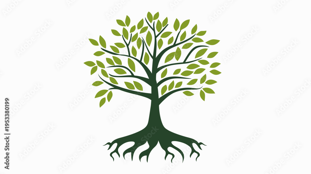 Obraz premium Stylized tree illustration with vibrant green leaves and strong roots isolated