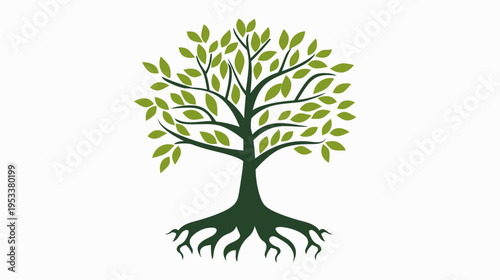 Stylized tree illustration with vibrant green leaves and strong roots isolated