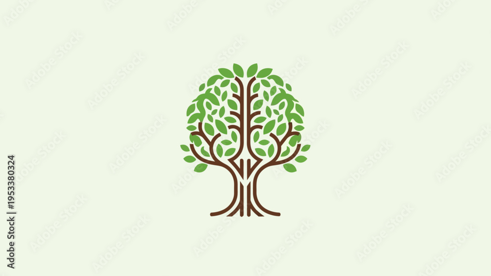 Obraz premium Stylized tree logo with green leaves and brown branches against neutral background