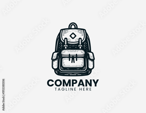 Classic backpack with front pockets black vector logo illustration isolated on white background