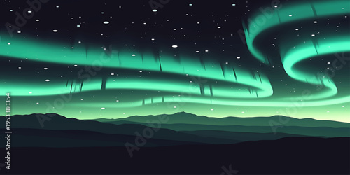 Aurora Borealis Over Mountain Landscape Vector Illustration with Green Northern Lights