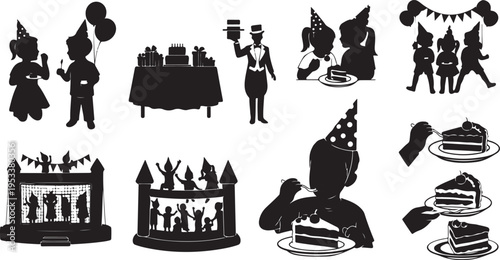 Black and white flat of people and in various activities flat silhouettes woman