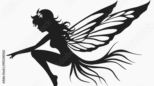 Silhouette of a fairy with intricate wings isolated on a white background