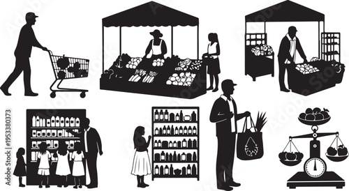 Black and white of a woman shopping and a man working in a store