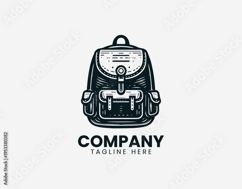 Classic backpack with front pockets black vector logo illustration isolated on white background