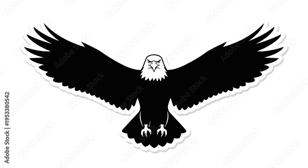 Fototapeta premium Bold eagle silhouette with outstretched wings against a clean white background