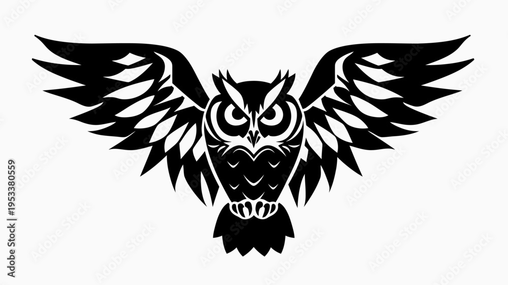 Fototapeta premium Black owl illustration with wings spread wide on white background