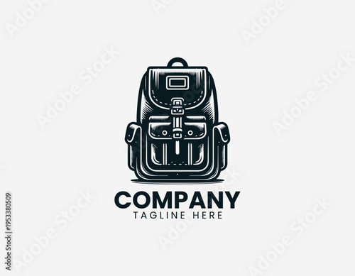Classic backpack with front pockets black vector logo illustration isolated on white background