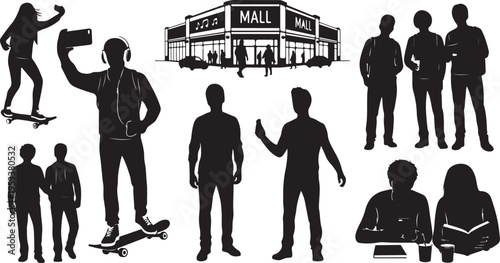 Black silhouette group of people walking and shopping at a mall black silhouettes