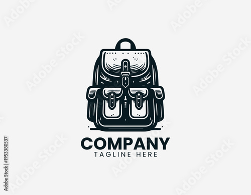Classic backpack with front pockets black vector logo illustration isolated on white background