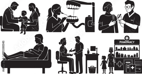 Black silhouette healthcare workers performing medical procedures and pharmacy consultation