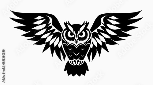 Black owl illustration with wings spread wide on white background