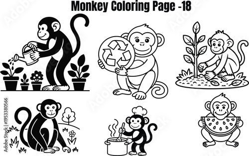 Monkeys engaging in various activities for coloring