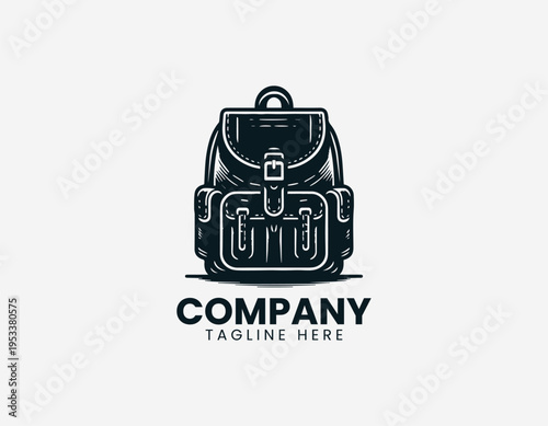 Classic backpack with front pockets black vector logo illustration isolated on white background