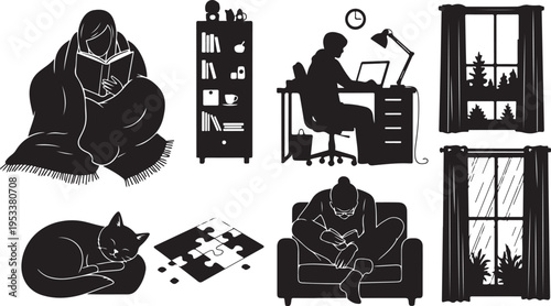 Black silhouette scenes of remote work with laptop tablet and coffee cup