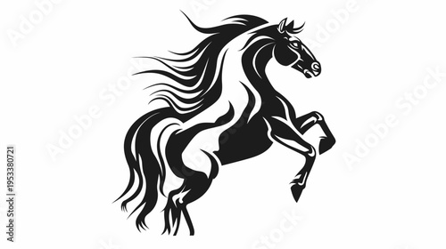 Elegant black horse silhouette reared up against a white background for design