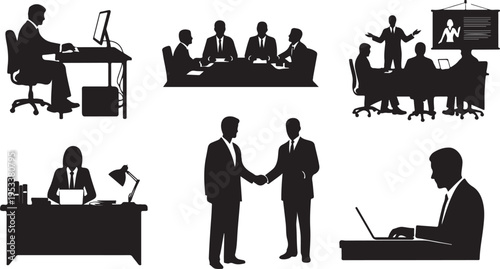 Business professionals in meeting and collaboration scenes with diverse settings