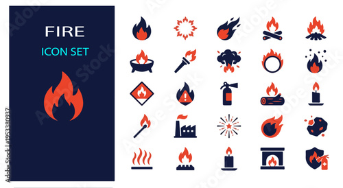 Flat design fire icon set collection with safety and emergency symbols vector illustration