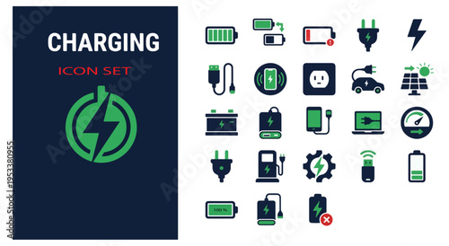 Flat design charging icon set with electric vehicle, gadgets, and power symbols on dark background