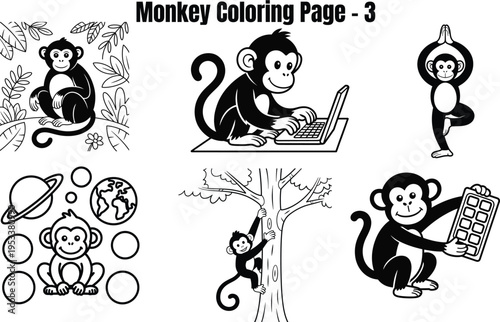 Monkeys in various activities with leaves planets and technology