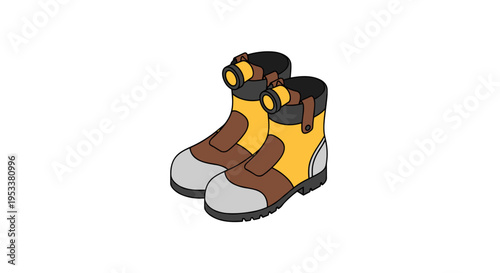 Pair of sturdy work boots with yellow and brown accents.