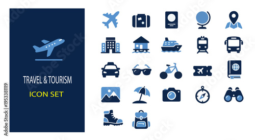 Flat design travel and tourism icon set with transportation, landmarks, and vacation essentials on dark blue background