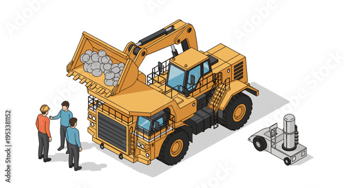 Heavy mining machinery and workers discussing operations.