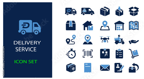 Flat design delivery service icon set with vehicles, logistics, and shipping elements on dark blue background