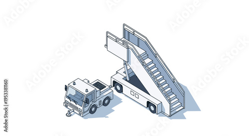 Isometric Airport Ground Support Equipment - Tow Tractor and Passenger Stairs.