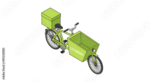 Isometric cargo bike with green delivery boxes for urban transport.
