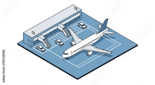 Isometric airport scene with airplane at terminal gate.