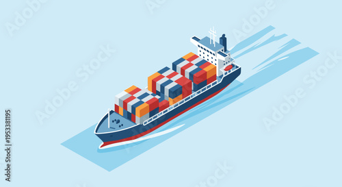 Isometric cargo ship sailing on the ocean with containers.