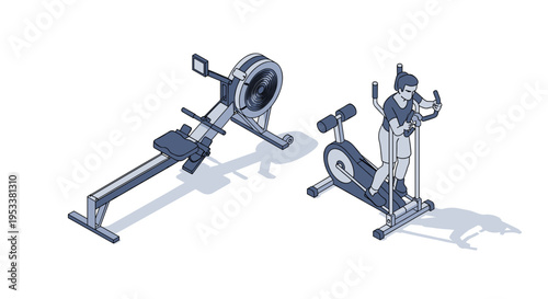 Isometric illustration of a woman exercising on an elliptical machine next to a rowing machine.