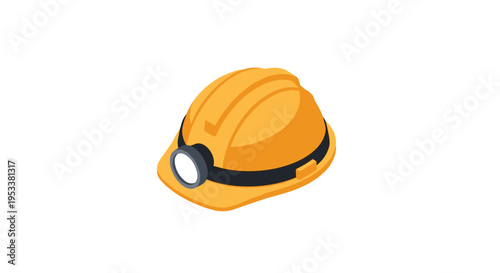 Isometric illustration of a yellow hard hat with a headlamp, symbolizing safety and construction work.