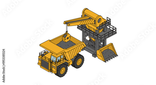 Isometric illustration of heavy mining machinery, including a large excavator loading a dump truck.
