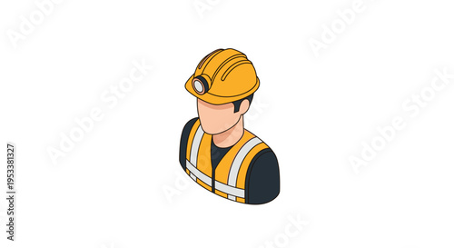 Isometric illustration of a miner wearing a hard hat and safety vest.