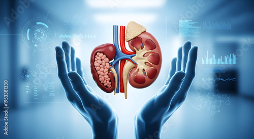 Human hands delicately hold anatomical kidney models, surrounded by abstract medical interface data elements