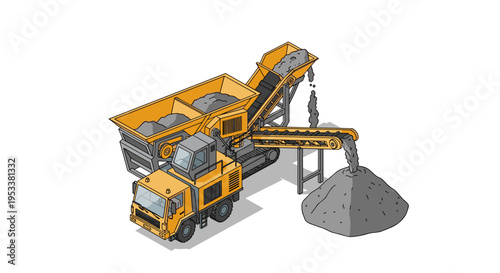 Isometric illustration of a mobile crushing plant processing aggregate materials.